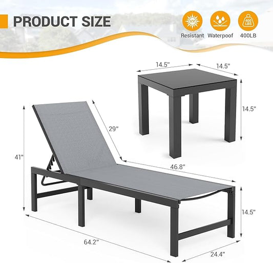 UDPATIO Outdoor Chaise Chairs & Table 3 Pieces Pool Lounge Chair, Adjustable Poolside Sunloungers Lay Flat Sunbathing Chaise with Backrest for Patio, Beach, Yard, Pool