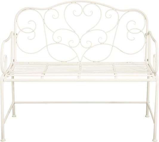 Outdoor Garden Bench, Iron Frame Patio Bench Furniture with Floral Design Backrest for Lawn, Park, Deck, White