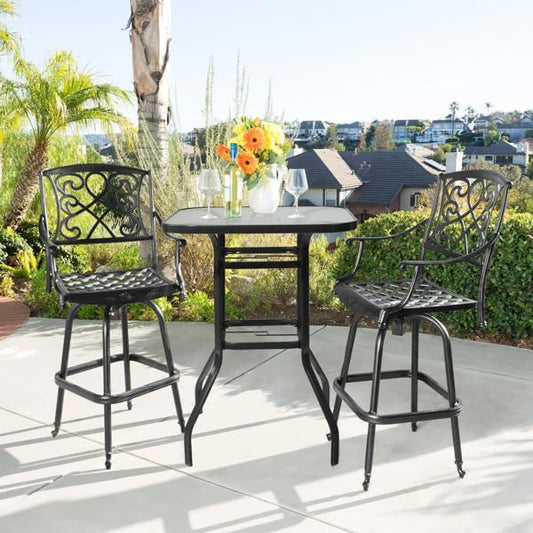 Outdoor Bar Table with Umbrella Hole, End Table with Glass Top, Patio Coffee Bistro Table for Indoor Garden Porch Balcony (Black, Square 31x31x40in)