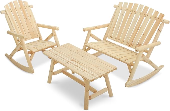 3-Piece Outdoor Wood Rocking Bistro Set, Rustic Wooden Conversation Set Including 2-Seater Loveseat, Log Rocker Chair and Coffee Table, Patio Furniture Chair Set for Lawn Yard Park, Natural