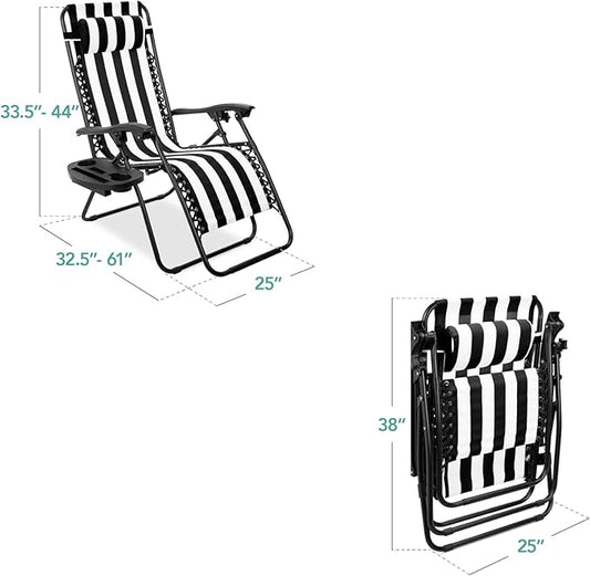Best Choice Products Set of 2 Adjustable Steel Mesh Zero Gravity Lounge Chair Recliners w/Pillows and Cup Holder Trays - Black Striped