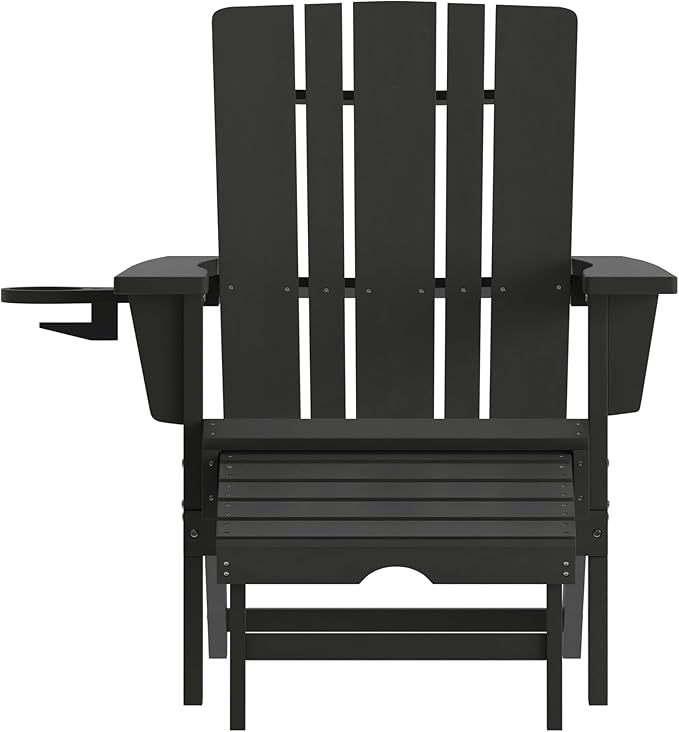Flash Furniture Halifax Poly Resin Adirondack Chair with Cup Holder and Pull Out Ottoman, All-Weather Poly Resin Indoor/Outdoor Lounge Chair, Black