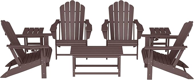 Costaelm Lakeview 7-Piece HDPE Outdoor Patio Furniture Adirondack Conversation Set, Dark Brown
