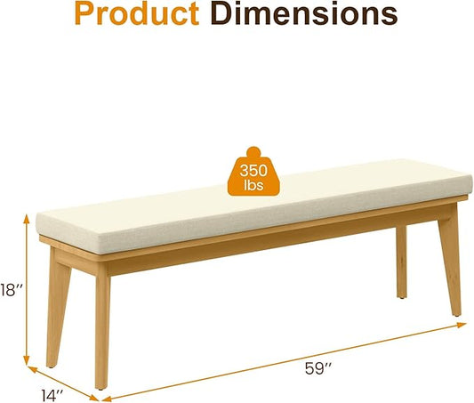Backless Patio Bench, Acacia Wood Dining Bench with Cushion for Outdoor Porch, Backyard, Garden, Lawn, Beige
