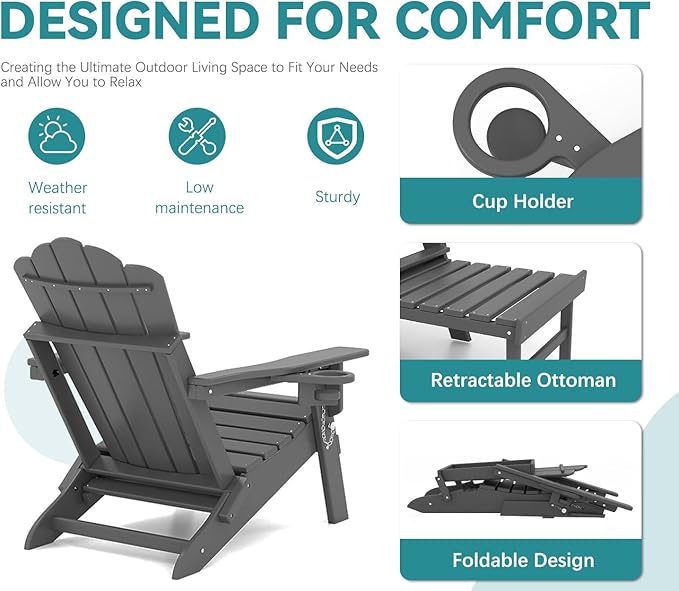 FOOWIN Adjustable Adirondack Chair with Retractable Ottoman Set of 6, Folding Adirondack Chair with Cup Holder, HDPE All-Weather Fire Pit Chair for Patio, Yard, Poolside, Grey
