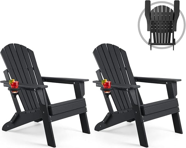 FUNBERRY Folding Adirondack Chair Set of 2, All Weather HDPE Fire Pit Chairs with Cup Holder for Outdoor - Photo 1