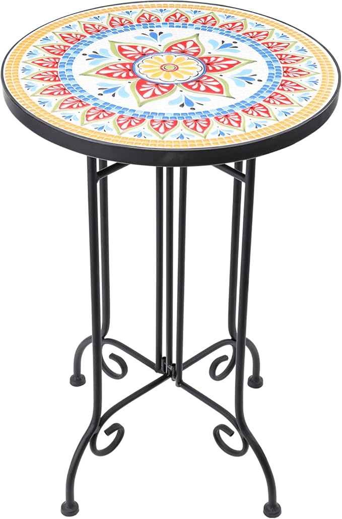 VCUTEKA Mosaic Outdoor Side Table, Round Rustproof Patio Tables with 14" Ceramic Tile Top, Indoor Porch Accent Table for Yard, Garden, Living Room, Bistro Balcony, Orange