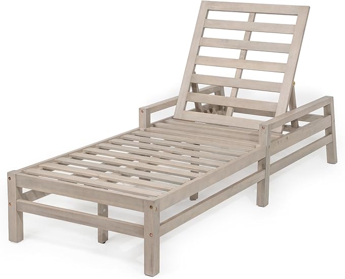 Merax Patio Chaise Lounge Chair, Adjustable Lounge Chair Outdoor with 5 Positions, 27.9" W Acacia Wood Patio Lounge Chair with Thick Cushions for Pool Deck Balcony Garden, All-Weather, Gray