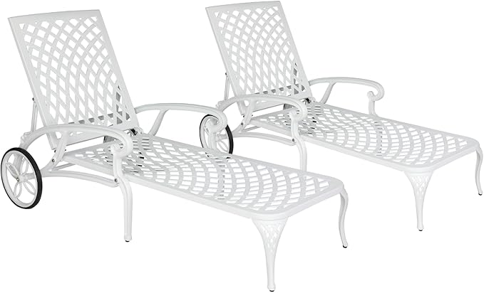 Outvita Outdoor Chaise Lounge Chairs Set of 2, Pool Cast Aluminum Recliner with 3-Position Adjustable Back, Armrest and Wheels for Backyard Porch Patio Balcony Deck