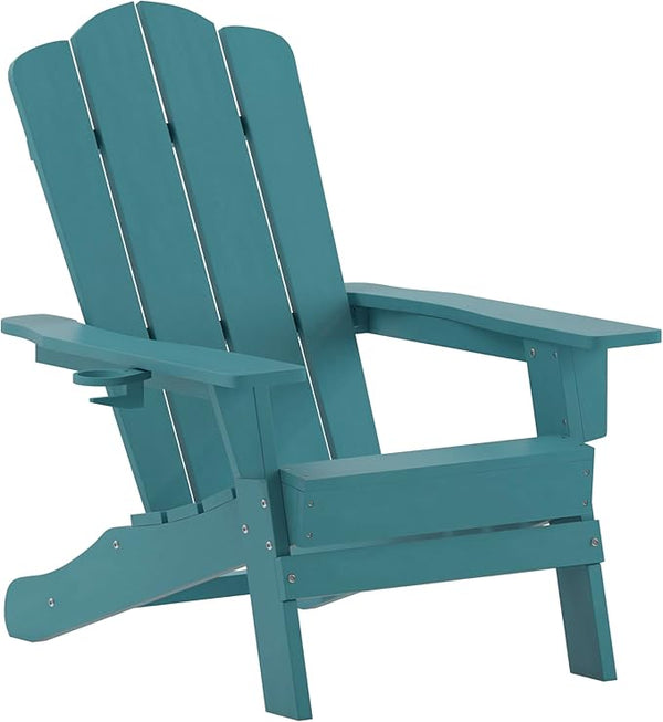Flash Furniture Newport Adirondack Chair with Cup Holder, Weather Resistant Poly Resin Adirondack Chair, Blue - Photo 1