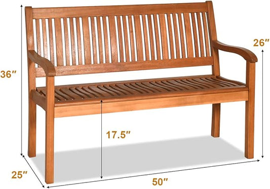 Foldable Outdoor Bench, Garden Bench w/High Back & Armrest, Acacia Wood Bench, 4 FT 2-Person Loveseat Chair for Front Porch, Patio, Backyard & Balcony, Teak Finish (Non-Foldable, Natural)
