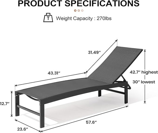 Crestlive Products Lounge Chair Outdoor Set of 2, Aluminum Pool Chaise Lounge Chairs, Adjustable Five-Position Tanning Recliner, All Weather for Patio, Beach, Yard, Pool (Black)