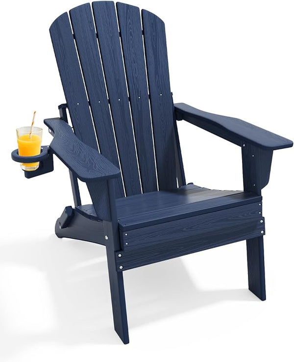 Upgraded Folding Adirondack Chair with All-Weather Cup Holder-EcoVida, Premium Wood Grain Texture, HDPE Waterproof - Photo 1