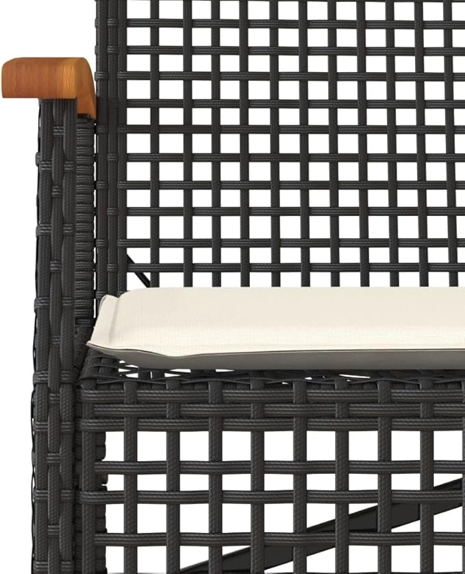 Outdoor Patio Bench with Cushion, Black PE Rattan Garden Bench with Acacia Wood Frame, Waterproof All-Weather Furniture for Backyard, Porch, Poolside, Comfortable Seating Removable Washable Cover