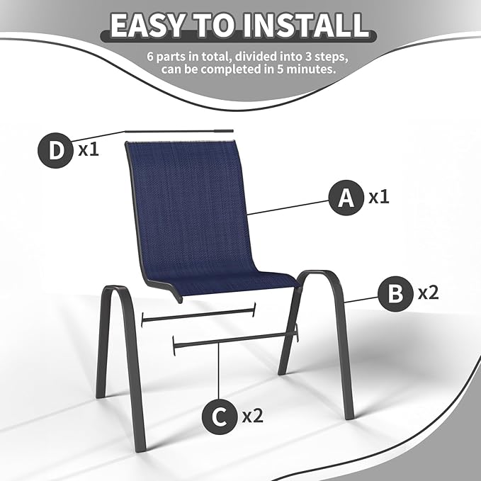 Patio Dining Chairs Set of 6, Outdoor High Stacking Chairs,Breathable Seat Fabric and Alloy Steel Frame for Backyard, Porch, Garden, Sunroom (Blue)
