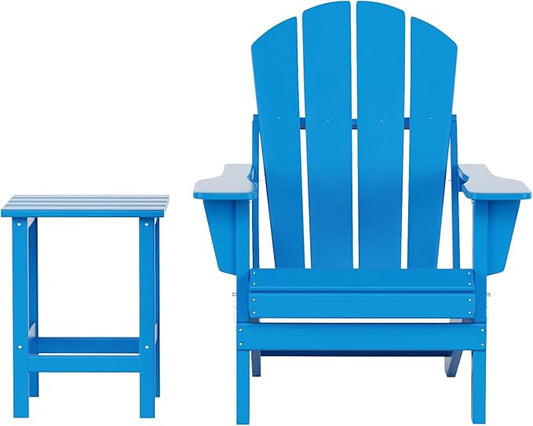 WestinTrends Malibu 2-Pieces Adirondack Chair Set with Side Table, All Weather Outdoor Seating Plastic Patio Lawn Chair Folding for Outside Porch Deck Backyard, Pacific Blue