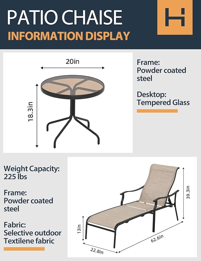 HAPPATIO Patio Chaise Lounge 3 Pieces,Patio Lounge Chair with Glass Coffee Table,Pool Lounge Chair with Breathable Textilene Fabric for Patio Backyard Poolside (Brown)