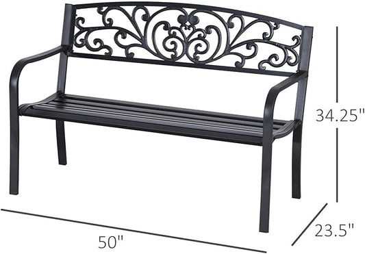 50" Metal Garden Benches for Outside, Front Porch Bench with Floral Pattern Backrest, Patio Yard Benches with Slatted Seat for Outdoors Park/Entryway/Backyard (Black)