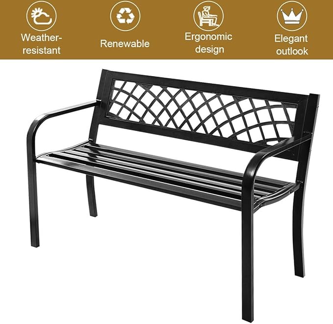 Bench Deck with Steel Frame for Outdoor, Outdoor Bench All Metal Frame Garden Bench for Front Porch, Yard, Lawn, Deck