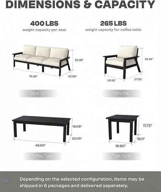 HDPE Patio Furniture Set 10 Seats, Outdoor Couch with Washable Thick Beige Cushions & Coffee Table & Side Table, Outdoor Sectional Furniture for Backyard, Deck, Lawn, Porch (Black Frame)