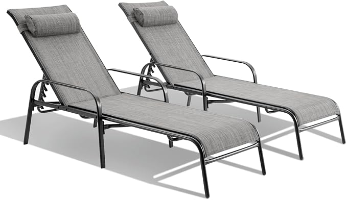 EROMMY Patio Chaise Lounge Chair, Set of 2 Outdoor Lounge Chairs with Adjustable Backrest, All-Weather Waterproof Upgraded Pool Lounge Chairs for Beach Yard Poolside