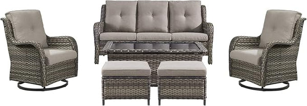 Rilyson Wicker Patio Furniture Set - 6 Piece Rattan Outdoor Sectional Conversation Sets with 2 Swivel Rocking Chairs - Photo 1