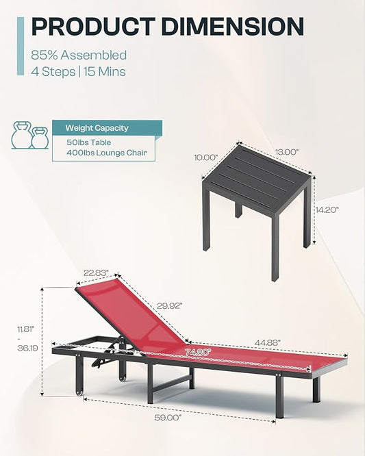 Aluminum Outdoor Lounge Chairs Set of 2, Pool Lounge Chairs with Wheels and 5-Position Recliner -Easy to Move- Patio Chaise Lounge Outdoor for Poolside, Deck, Beach (Red)