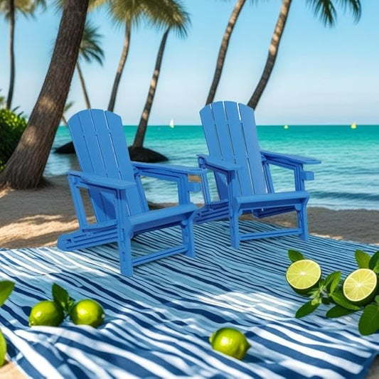Adirondack Chair, Plastic Adirondack Chair with Cup Holder, Outdoor Weather Resistant Lawn Furniture, 400 LBS Capacity Recliner, Garden Backyard Patio Without Screws Install,Set of 2 Klein Blue