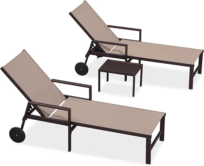 PURPLE LEAF Outdoor Chaise Lounge Chair Set of 2 with Armrests, Aluminum Patio Loungers with Wheels and Adjustable Backrest, Includes Side Table for Deck, Outside, Lawn, Garden, Taupe