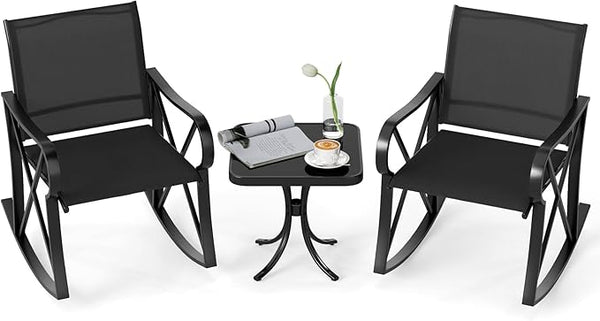 Tangkula 3 Piece Patio Rocking Set, 2 Rocking Chairs with Tempered Glass Side Table - Photo 1