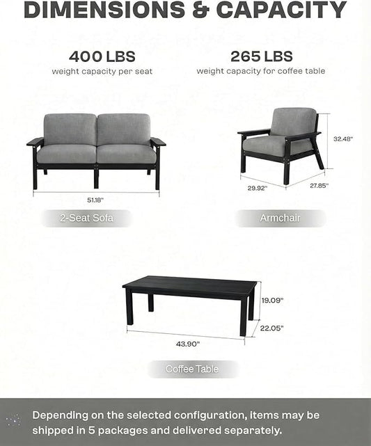 HDPE Patio Furniture Set 8 Seats, Outdoor Couch with Washable Thick Gray Cushions & Side Table, Outdoor Sectional Furniture for Backyard, Deck, Lawn, Porch (Black Frame)