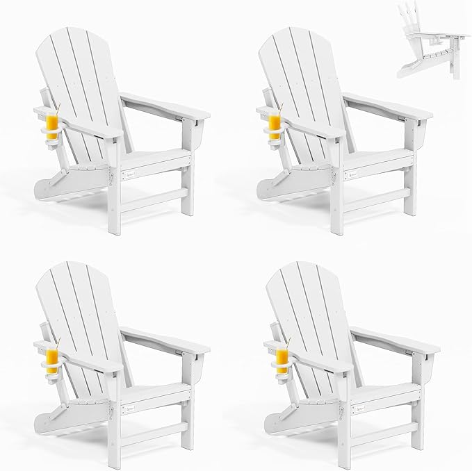 Mdeam 3-Position Adjustable Adirondack Chairs Set of 4, 400LBS Capacity, Cup Holder, Wooden Textured, All-Weather HDPE Folding Fire Pit Outdoor Chairs for Poolside Deck Patio Garden Yard Lawn - White