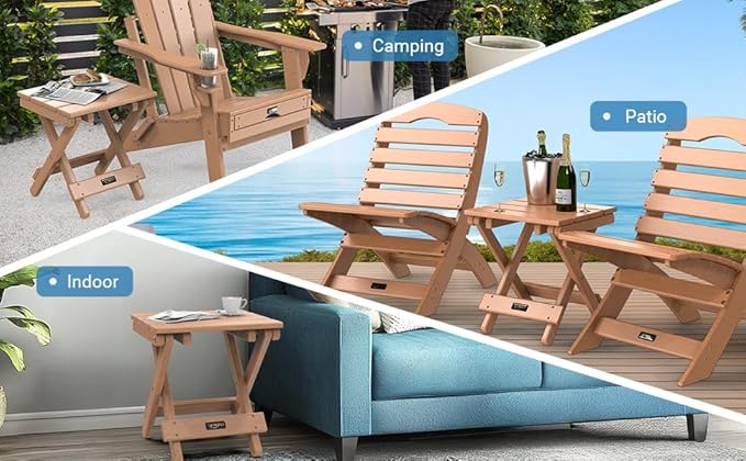 VINGLI Small HDPE Folding Side Table, Plastic Waterproof Portable Adirondack Coffee End Tables, All Weather for Patio, Backyard, Pool, Indoor Use, Slats Style, Teak