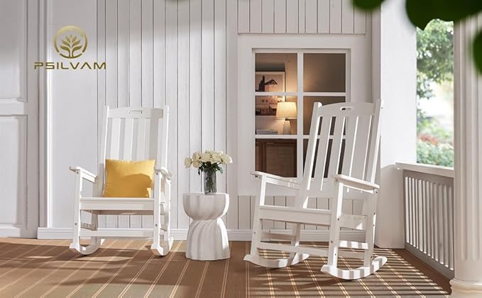 Psilvam Oversized Outdoor Rocking Chair, with 21" Wide Seat and 32" Tall Backrest, Pre-Assembled with Most Components for Effortless Installation (White)