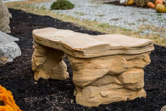 Cast Stone Petrified Rock Bench - 3 Piece Concrete Patio Furniture, Hand Sculpted Fine Cast Stone