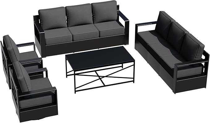 Outdoor Aluminum Furniture Set, 4-Piece Patio Conversation Set, 2 Swivel Chairs, 2 Sofa and 1 Table, All-Weather Metal Frame, 6" Thick Removable Cushions, Deep Setting for Garden, Porch