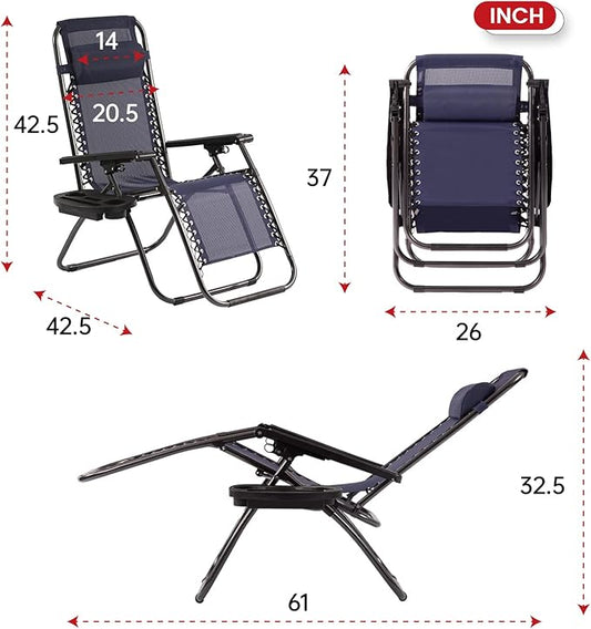 PayLessHere Set of 2 Lounge Chair Textilene Adjustable Beach Chair Zero Gravity Chair Folding Lawn Patio Chair with Removable Pillow and Cup Holder for Poolside Backyard Lawn Beach,Blue
