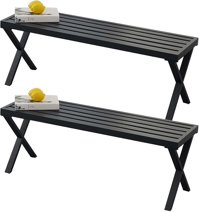 Metal Garden Bench for Outdoors, Set of 2, Black Outdoor Benches Slats for Patio, Patio Backless Bench with Cross Leg,Dining Bench for Porch, Lawn, Balcony, Backyard and Park