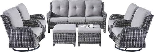 Rilyson Wicker Patio Furniture Set - 7 Piece Rattan Outdoor Sectional Conversation Sets with 4 Swivel Rocking Chairs,2 Ottomans and 1 Sofa for Porch Deck Garden(Mixed Grey/Grey)