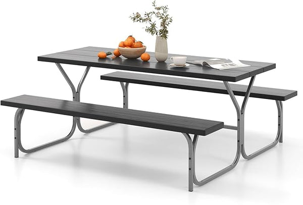 Giantex 6FT Picnic Table Bench Set Outdoor Camping All Weather Metal Base Wood-Like Texture Backyard Poolside Dining - Photo 1
