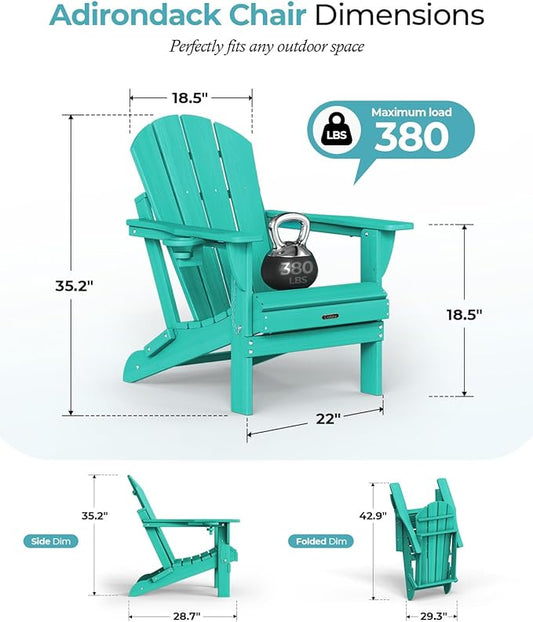 Ciokea Folding Adirondack Chair Wood Texture, Patio Adirondack Chair Weather Resistant, Plastic Fire Pit Chair with Cup Holder, Lawn Chair for Outdoor Porch Garden Backyard Deck (Lake Blue, 2Pack)