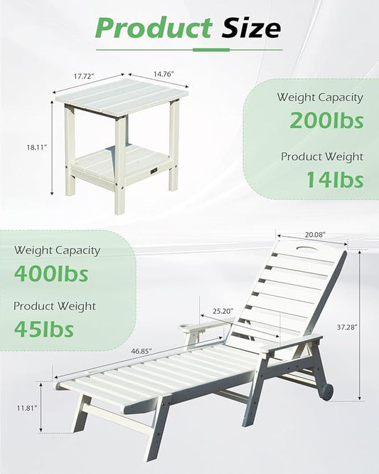 Domi Pool Lounge Chairs Set of 2 with Table, HDPE Outdoor Chaise Lounge Chairs for Outside, Pool Loungers for Poolside, Patio, Sunbathing Tanning, White