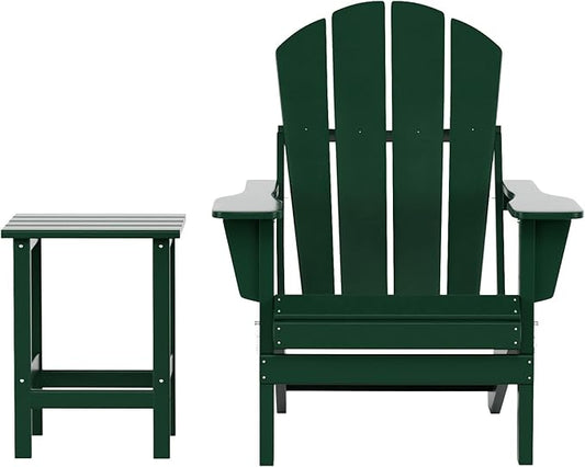 WestinTrends Malibu 2-Pieces Adirondack Chair Set with Side Table, All Weather Outdoor Seating Plastic Patio Lawn Chair Folding for Outside Porch Deck Backyard, Dark Green