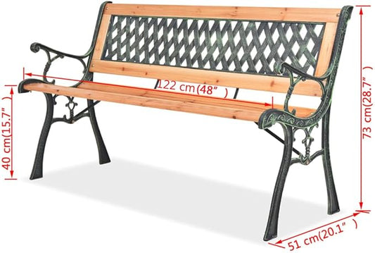48 in Brown Wood Garden Bench with Geometric Backrest, Wrought Iron Frame, Matte Finish Outdoor Seating for Patio Porch Balcony, Seats Two, 242.5 lb Capacity
