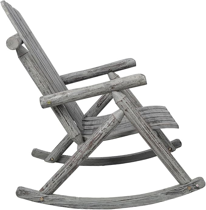Outdoor Cedar Log Rocking Chair for Adults, Heavy Duty Wooden Porch Rocker with High Back & Ergonomic Slatted Seat, 330 LB Capacity Rocking Chair for Patio, Garden, Balcony, Yard,Gray