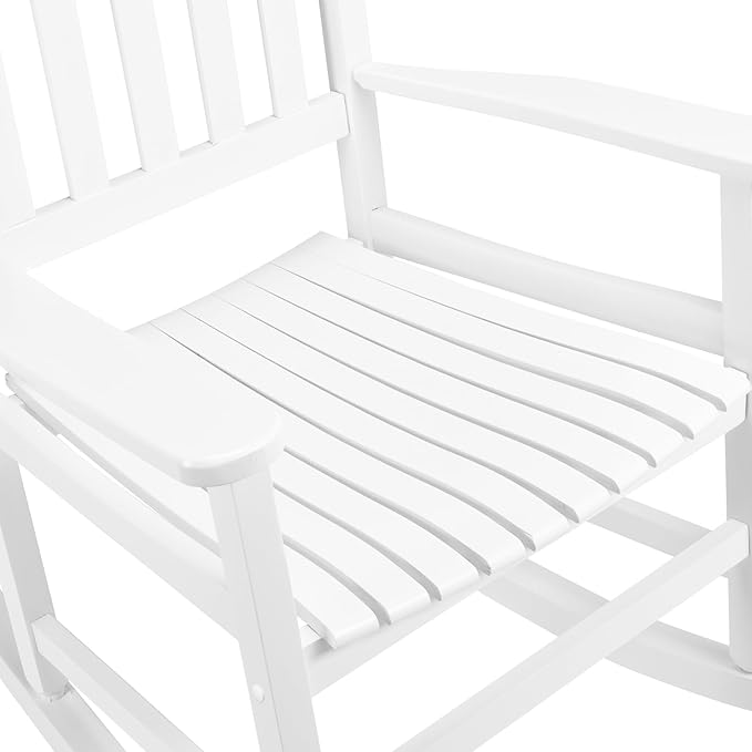 Square Wooden Rocking Chair Classic Comfort Durable Solid Wood Frame Easy Assembly Relaxing Morning Coffee & Conversations for Indoor Outdoor Front Porch Backyard Lawn Garden White