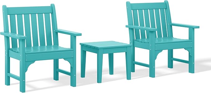 Costaelm 3 piece Patio Set, Outdoor Table and Chairs Set of 3, 3-Piece HDPE Garden Chair with Square Adirondack Side Table, Porch Chairs Coffee Table for Outside Porch Backyard, Turquoise