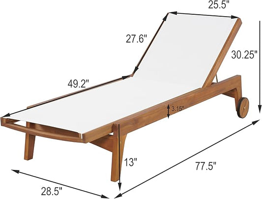 Christopher Knight Home Tristy Chaise Lounge Chair Outdoor, Acacia Wood Frame Sunbathing Pool Lounger, Adjustable Backrest Single Lounge Sofa, Patio Lounge Chaise for Poolside, White + Natural