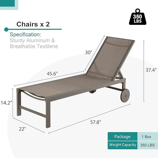 SUNLEI Lounge Chair for Outside Set of 2, Patio Chaise Lounge Outdoor w/ 5-Position Adjustable Backrest, Movable Pool Recliner Lounge Chairs, Tanning Chair for Patio, Khaki