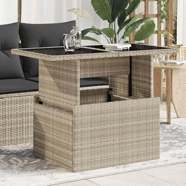 Height Adjustable Garden Table Light Gray Poly Rattan with Tempered Glass Top for Outdoor Dining and Relaxation - Photo 1